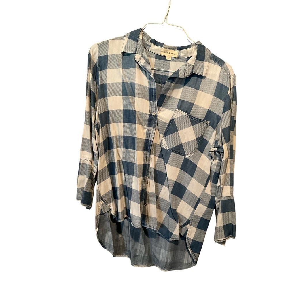 Cloth & Stone Button-Up Shirt Women Size M Cream Deim Plaid Long Sleeve Collared